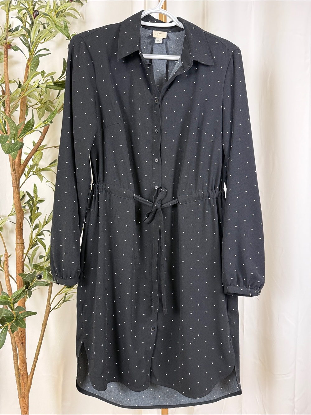 A New Day Black with White Polka Dot Long Sleeve Shirt Dress Sz S (DJ5)